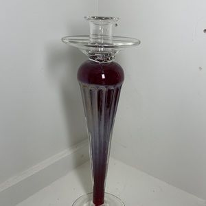 Vintage Cranberry Striped Candle Holder 13” T Hand Blown Glass Clear Top & Base